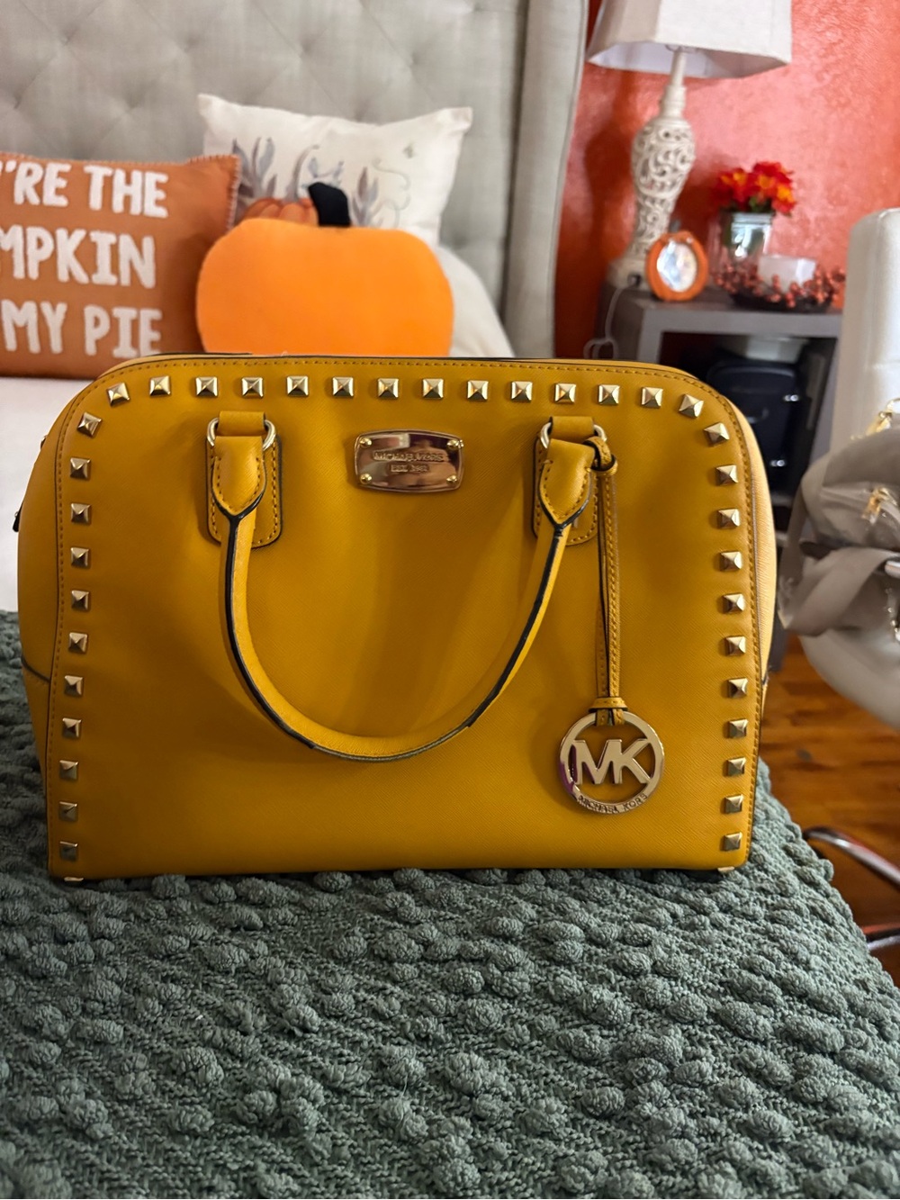 Michael Kors Mustard Yellow Studded Dome Satchel